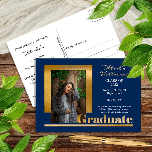 Classy Elegant Gold Text Afstuderen 1 Photo DK Blu Briefkaart