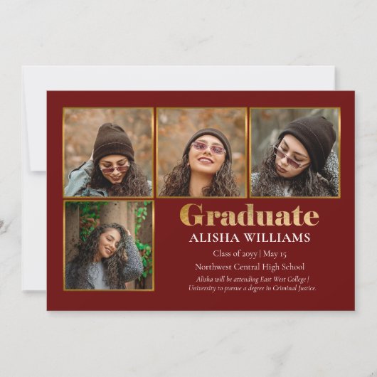 Classy Elegant Gold Text Afstuderen 4 Foto Aankondiging (Voorkant)