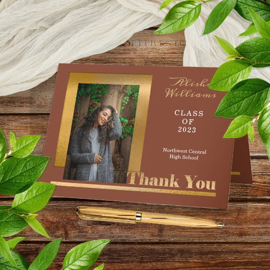 Classy Elegant Gold Text Afstuderen Foto Terracott Bedankkaart