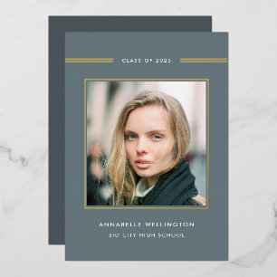 Classy Elegant Grey Afstuderen Foto Gold Folie Uitnodiging