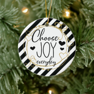 Classy Elegant Kies voor Joy Black Striped Kerstmi Keramisch Ornament