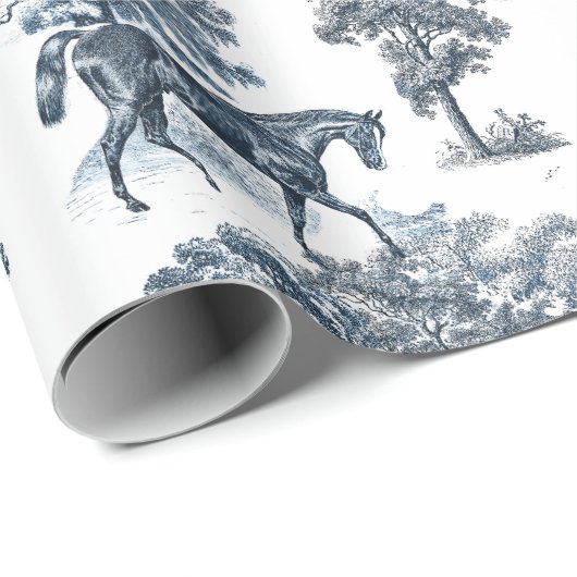 Classy Elegant Rustic Blue Horses Country Toile Cadeaupapier (Rol Hoek)