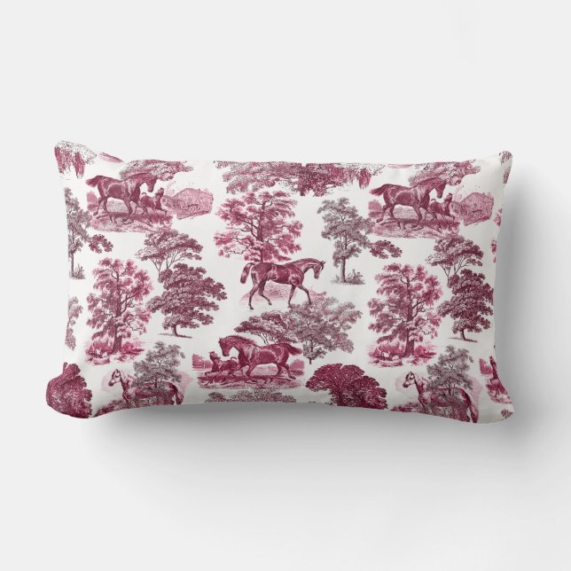 Classy Elegant Rustic Magenta Red Toile Horses Kussen (Voorkant)