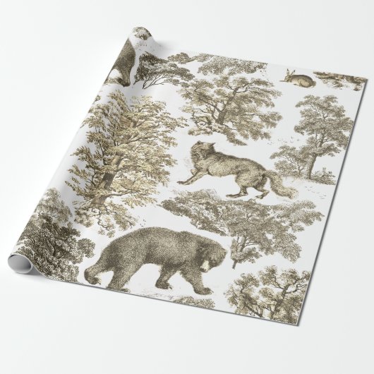 Classy Elegant Rustiek Beige Bos Dieren Toile Cadeaupapier (Uitgerold)