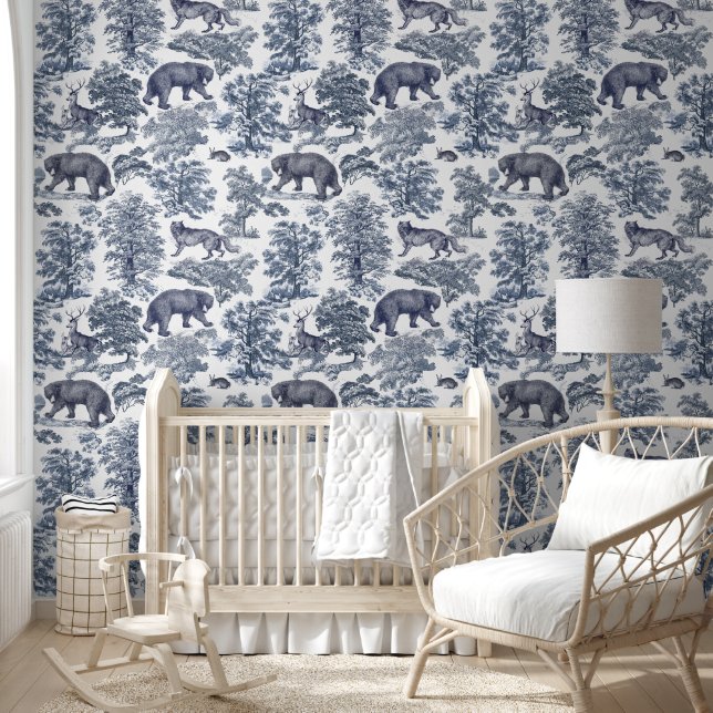 Classy Elegant Rustiek Blauw Bos Dieren Toile Behang (Kinderen)