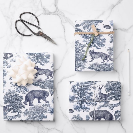 Classy Elegant Rustiek Blauw Bos Dieren Toile Inpakpapier Vel (Voorkant)