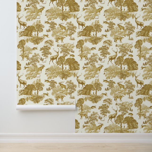 Classy Elegant Rustiek Goud Herten Woodland Toile Behang (Applicatie)