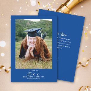 Classy Elegant Script Royal Blue Afstuderen Foto Bedankkaart