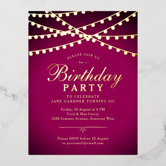 Classy Elegant String Lights 60e Verjaardagsfeestj Folie Uitnodiging Briefkaart (Voorkant)