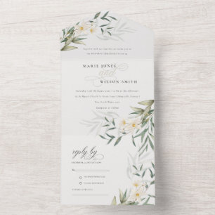 Classy Elegant White Greenery Floral Wedding All In One Uitnodiging