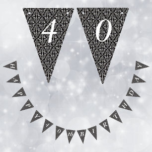 Classy Elegant Zwart Wit Verjaardag Damask Vlaggetjes