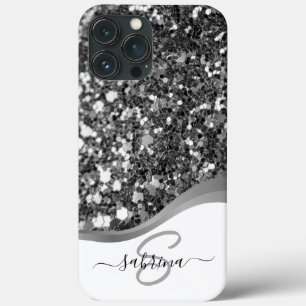 Classy Elegant Zwart Zilver Glitter Monogram Naam iPhone 13 Pro Max Hoesje