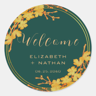 Classy Emerald Green Gold Floral Wedding Welkom Ronde Sticker