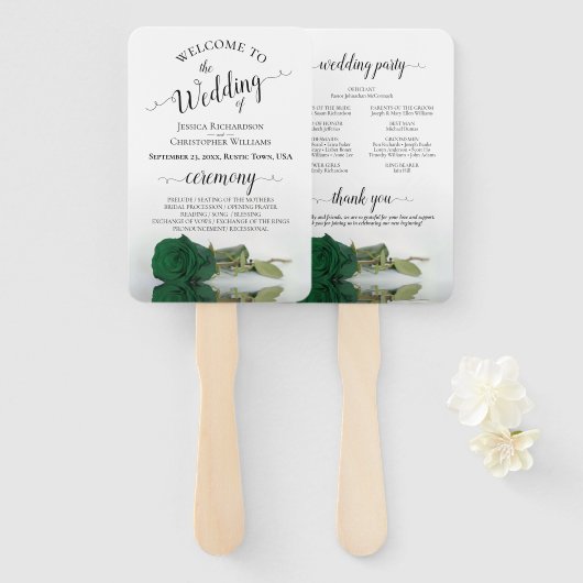 Classy Emerald Green Roos Elegant Wedding Programm Handwaaier (Voorkant en achterkant)