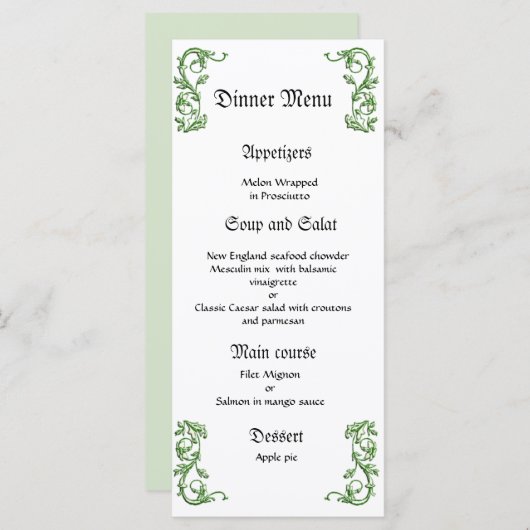 Classy en elegante groene bruiloft diner menu (Voorkant / Achterkant)