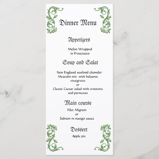 Classy en elegante groene bruiloft diner menu (Voorkant)