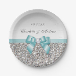 Classy Faux Blauwgroen Bow Silver Sequins Weddensc Papieren Bordje
