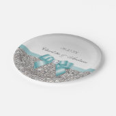 Classy Faux Blauwgroen Bow Silver Sequins Weddensc Papieren Bordje (Gekanteld)