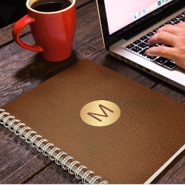 Classy Faux Brown Leather & Gold Initiaal Naam Notitieboek