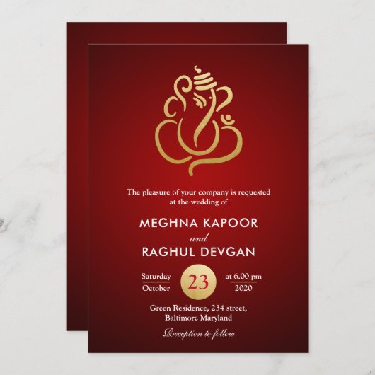 Classy Faux Gold Foil Ganesha/Indian Red Wedding Kaart (Voorkant / Achterkant)