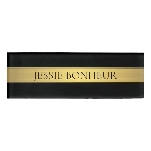 Classy Faux Gold Stripe & Black Background of DIY Naambadge (Voorkant)