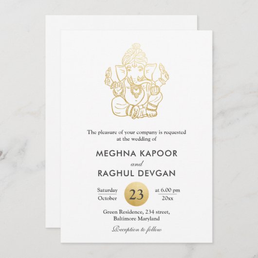 Classy Faux Gouden Folie Ganpati Indiase God Bruil Kaart (Voorkant / Achterkant)