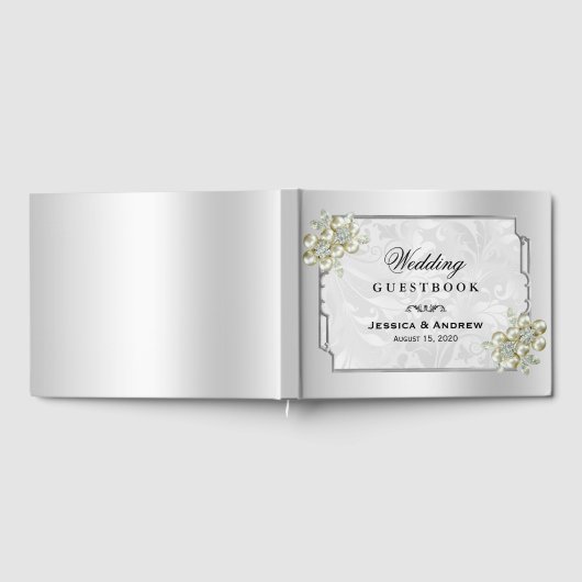 Classy Floral Gem, Zilveren ingelijste bruiloft Gastenboek (Volledig)