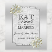 Classy Floral Gem, Zilveren ingelijste bruiloft Wijn Etiket (Enkel label)