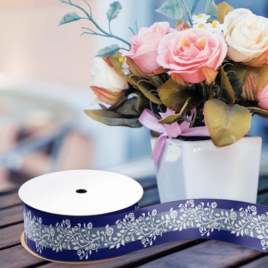 Classy Floral Print Boho Navy & Dusty Blue Grosgrain Lint