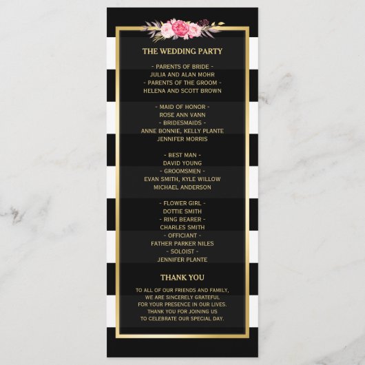 Classy Floral Stripes Gold Frame Wedding Programme (Dos)