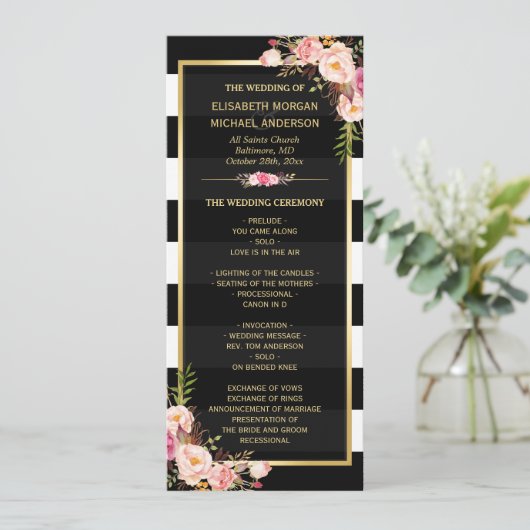 Classy Floral Stripes Gold Frame Wedding Programme (Debout devant)
