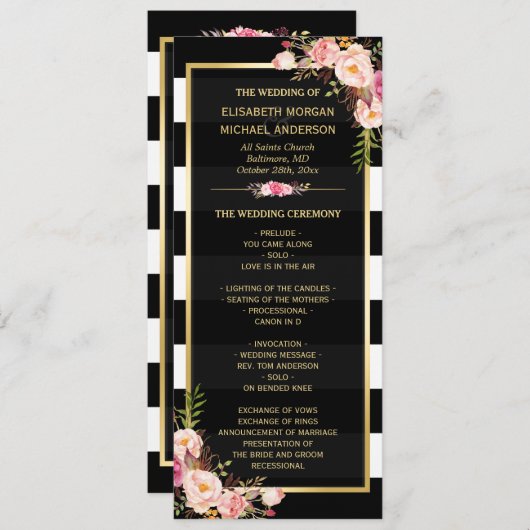Classy Floral Stripes Gold Frame Wedding Programme (Devant / Derrière)