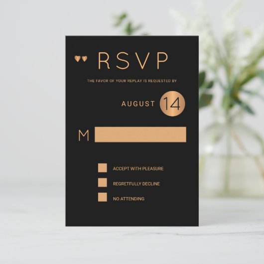 Classy formal black metallic koperbruiloft rsvp kaart (Staand voorkant)