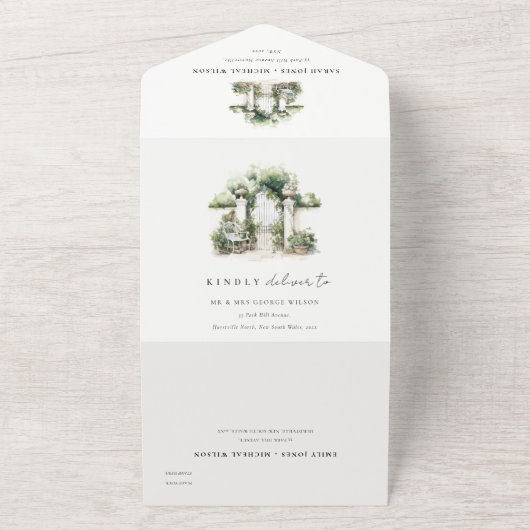 Classy Frans Tuin Landschap Waterverf Bruiloft All In One Uitnodiging (Buitenkant)