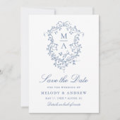 Classy Franse Blauwe Bloemenkam Trouwfoto Save The Date (Voorkant)