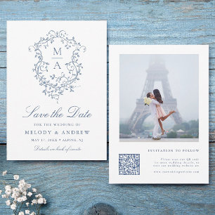 Classy Franse Blauwe Bloemenkam Trouwfoto Save The Date