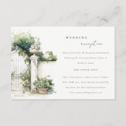 Classy Franse tuin landschap bruiloft receptie Informatiekaartje (Voorkant)