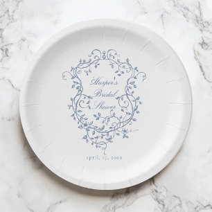 Classy French Blue Floral Crest Vrijgezellenfeest Papieren Bordje