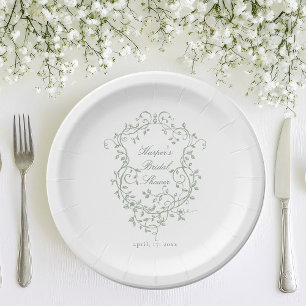 Classy French Sage Green Foral Crest Vrijgezellenf Papieren Bordje