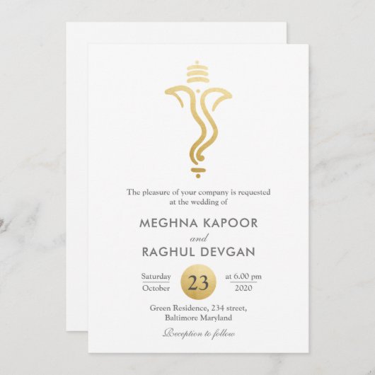 Classy Fuax Gold Foil Ganesha/Indian God Wedding Kaart (Voorkant / Achterkant)