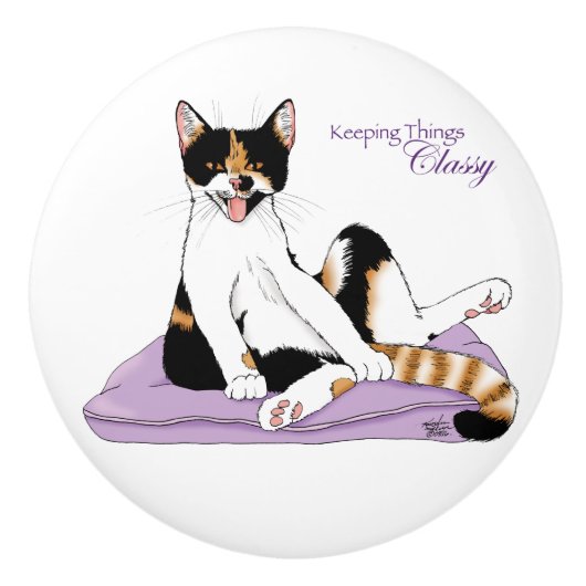 Classy Funny Calico Cat Paarse Keramische Knop (Voorkant)