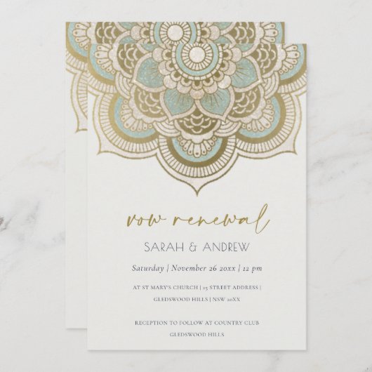 Classy  Gold Blauwgroen Mandala Vow Renewal Invite Bedankkaart (Voorkant / Achterkant)