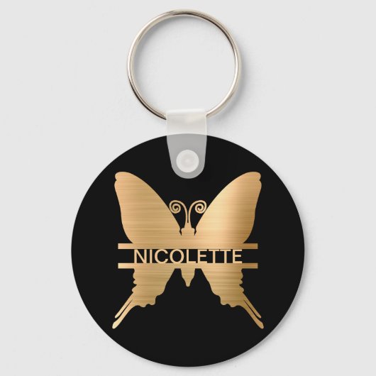 Classy Gold Butterfly Naam Monogram Aangepast Sleutelhanger (Voorkant)