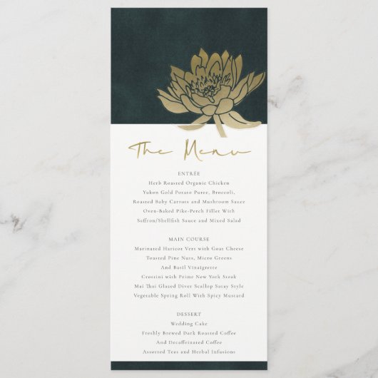 CLASSY GOLD EMERALD GREEN LOTUS FLORAL WEDING MENU (Voorkant)