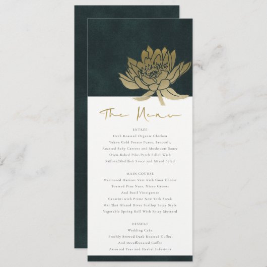 CLASSY GOLD EMERALD GREEN LOTUS FLORAL WEDING MENU (Voorkant / Achterkant)