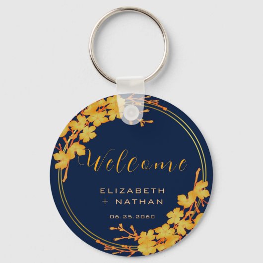 Classy Gold Floral Navy Blue Wedding Welcome Sleutelhanger (Voorkant)