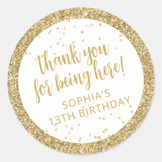 Classy Gold Glitter Confetti Birthday Dank u Ronde Sticker (Voorkant)