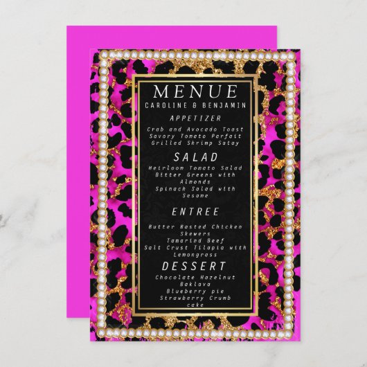 Classy Gold Glitter roze en zwart bruiloft Menu (Voorkant / Achterkant)