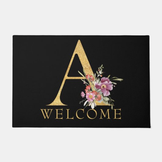 Classy Gold Monogram A met roze Florals Deurmat (Voorkant)