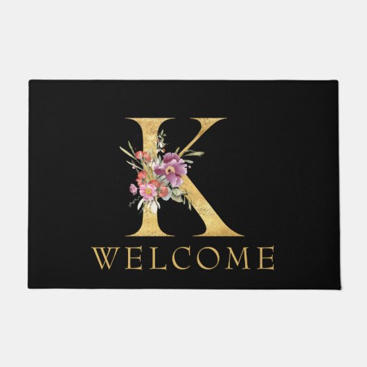 Classy Gold Monogram K met roze Florals deurmat (Voorkant)